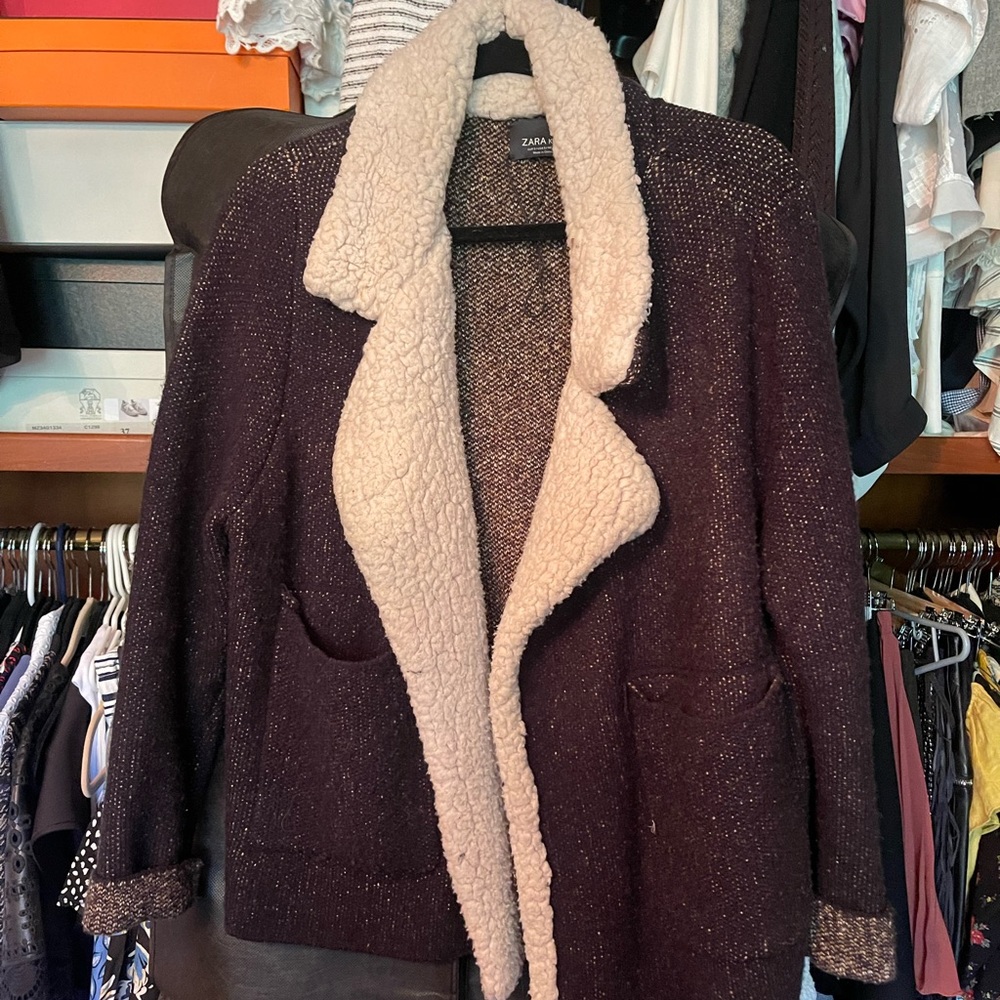 ZARA Knit Sweater Jacket with Shearling-like collar